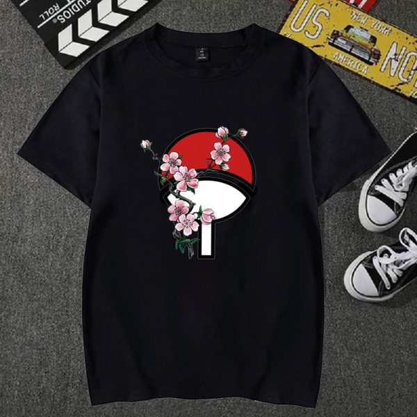 T Shirt Naruto Fille Logo Uchiha Fleur Noir